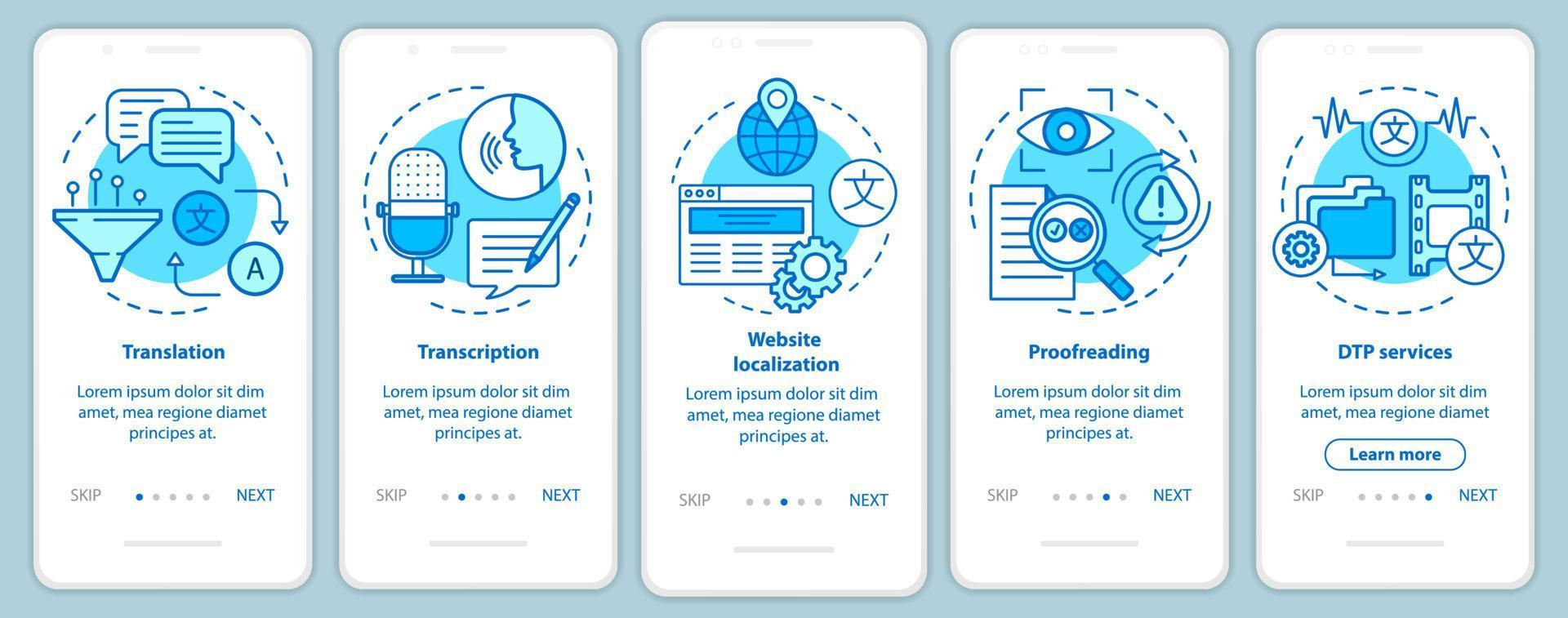 Text services blue onboarding mobile app page screen with linear concepts. Translation, transcription, proofreading walkthrough steps graphic instructions. UX, UI, GUI vector template with icons