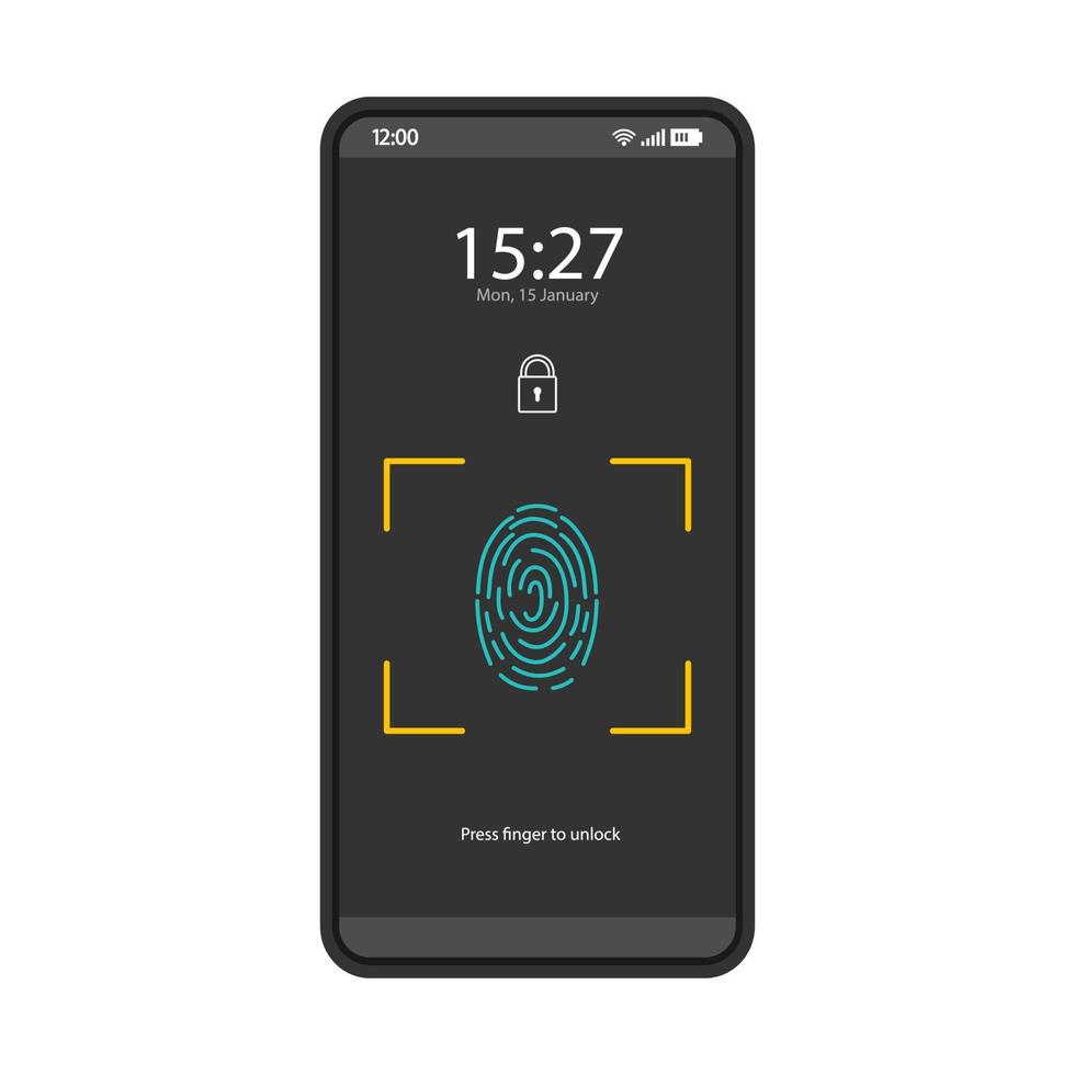 Biometric authentication smartphone interface vector template. Touch ID. Fingerprint scanner app. Mobile application page design layout. Finger scanning screen. Flat UI. Phone display with fingerprint
