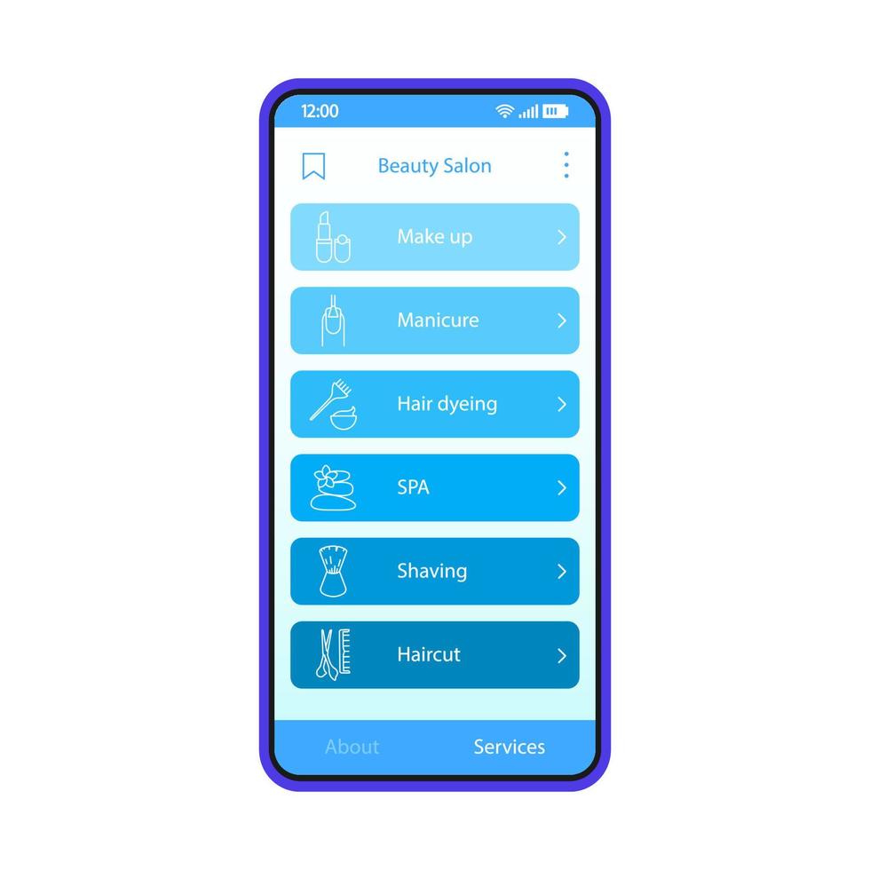 Beauty salon app interface vector template. Mobile app interface blue