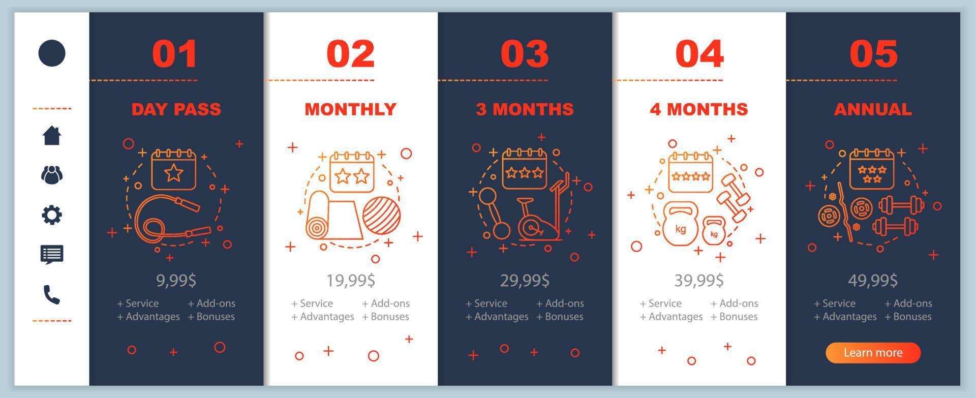 Gym membership onboarding mobile app screens with service prices