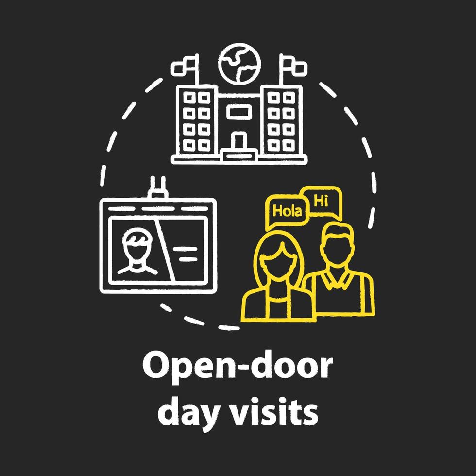 Open door day visits chalk concept icon. Presentation of international university. Study invitation. University entrance idea. Vector isolated chalkboard illustration