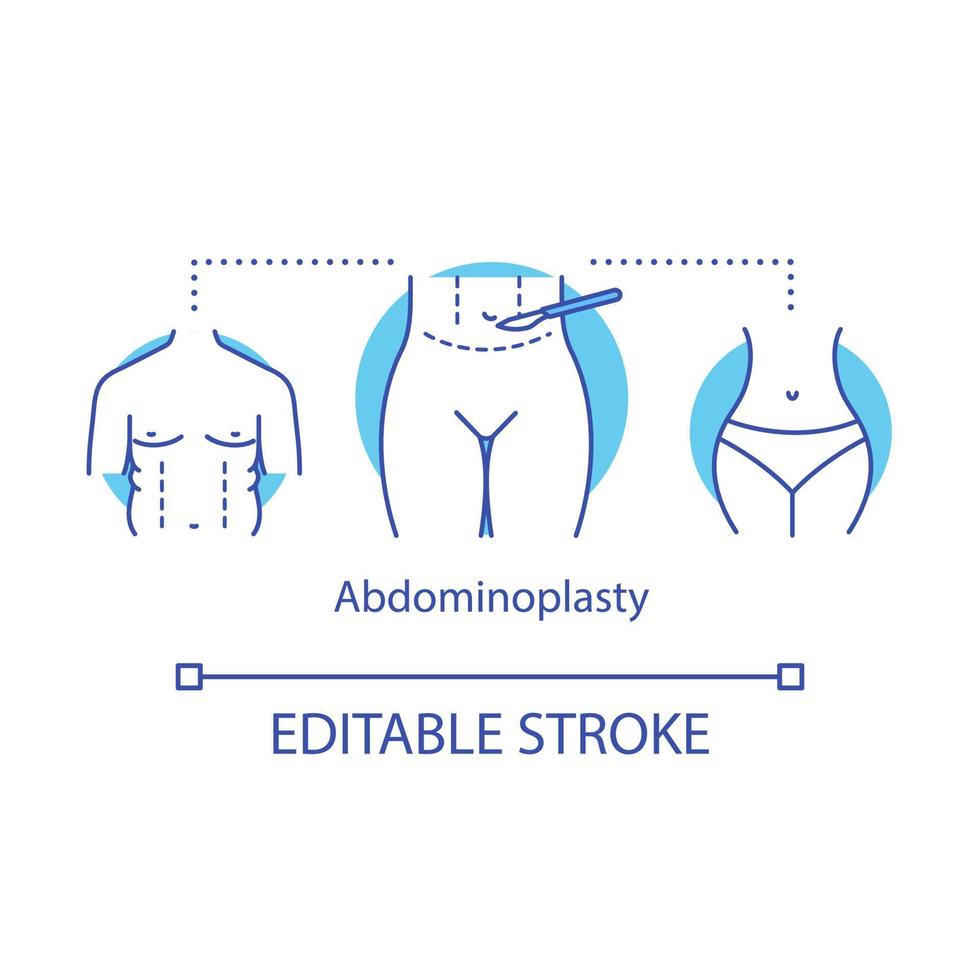 Abdominoplasty concept icon. Aesthetic cosmetic surgery. Tummy tuck procedure idea thin line illustration. Flatten belly. Liposuction. Vector isolated outline drawing. Editable stroke