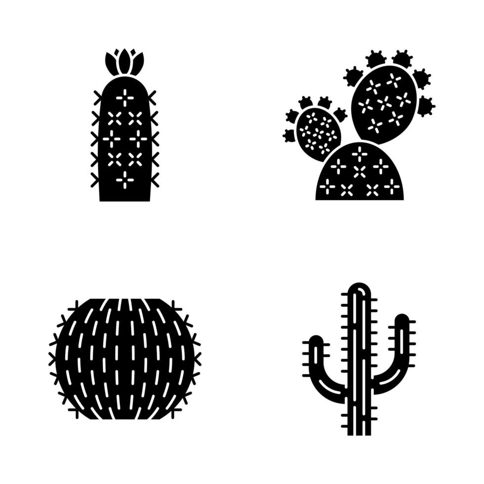 Wild cactus glyph icons set. Desert flora. Succulents. Spiny plants. Prickly pear, barrel, hedgehog cactuses, saguaro. Silhouette symbols. Vector isolated illustration