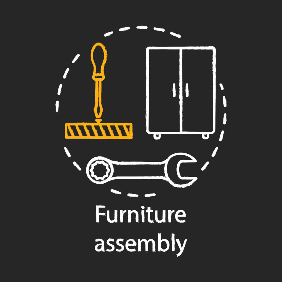 Furniture assembly chalk concept icon. Home service idea. Contractor repairman. Wooden cupboard installing. House gentrification. Vector isolated chalkboard illustration