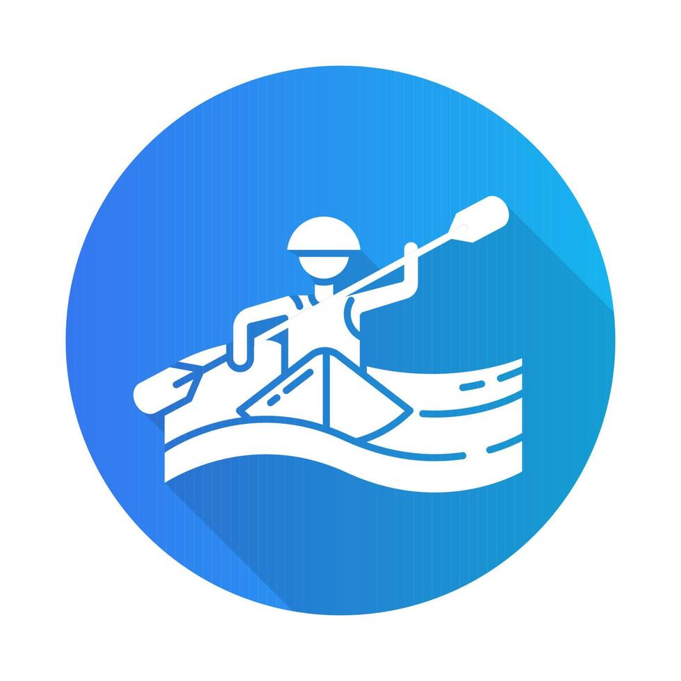 icono de glifo de larga sombra de diseño plano azul en kayak. piragüismo deportes acuáticos, tipo de deporte subacuático extremo. Ocio arriesgado y aventurero en barco con charco silueta ilustración vectorial. vector