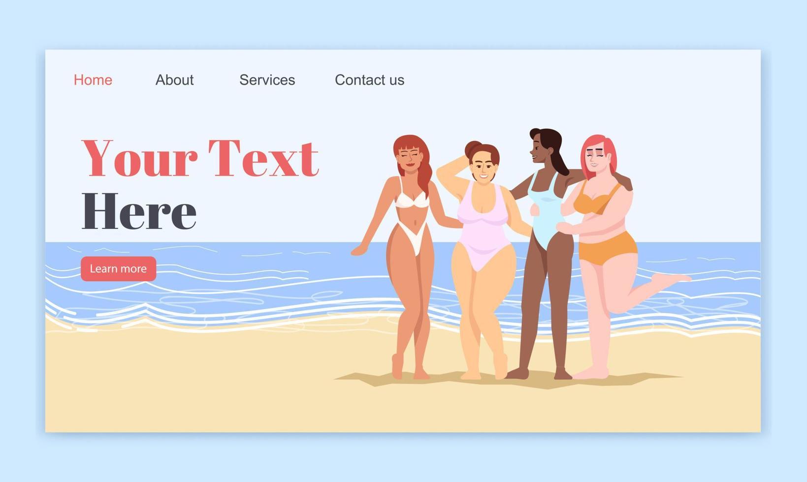 Body positive landing page vector template. Marine leisure website interface idea with flat illustrations. Smiling ladies in swimsuits homepage layout. Sea beach web banner, webpage cartoon concept