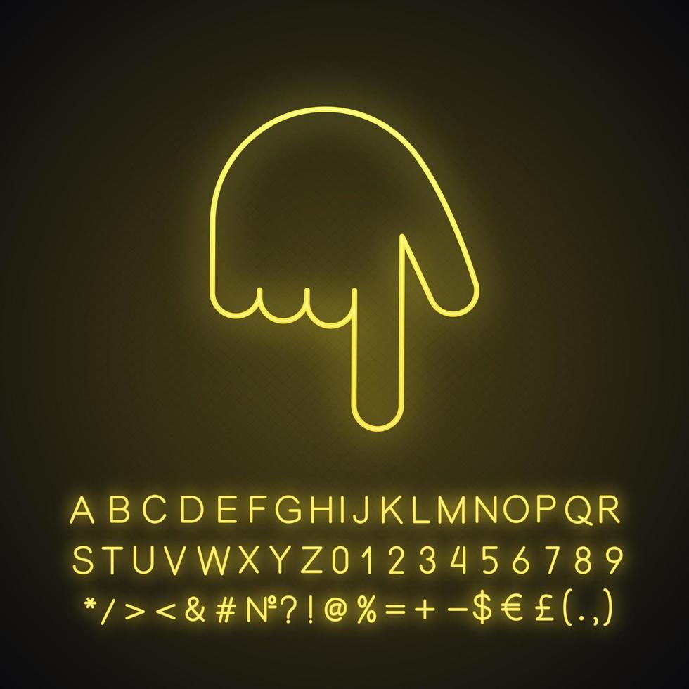 Backhand index pointing down neon light icon. Turn back finger pointer. Hand gesture emoji. Glowing sign with alphabet, numbers and symbols. Vector isolated illustration