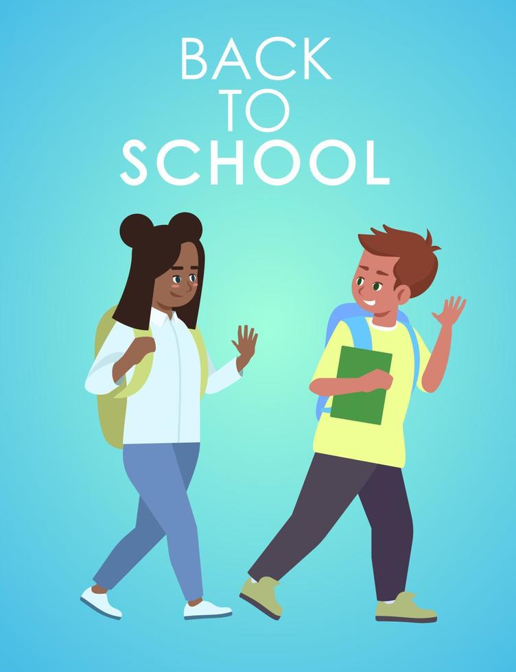 Back to school poster template. Multiracial classmates. Elementary school education. Brochure, cover, booklet page concept design with flat illustrations. Advertising flyer, leaflet, banner layout vector