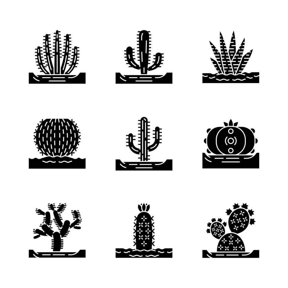 Wild cactuses on ground glyph icons set. Mexican tropical flora. Succulents. Spiny plants. Cacti collection. Silhouette symbols. Vector isolated illustration