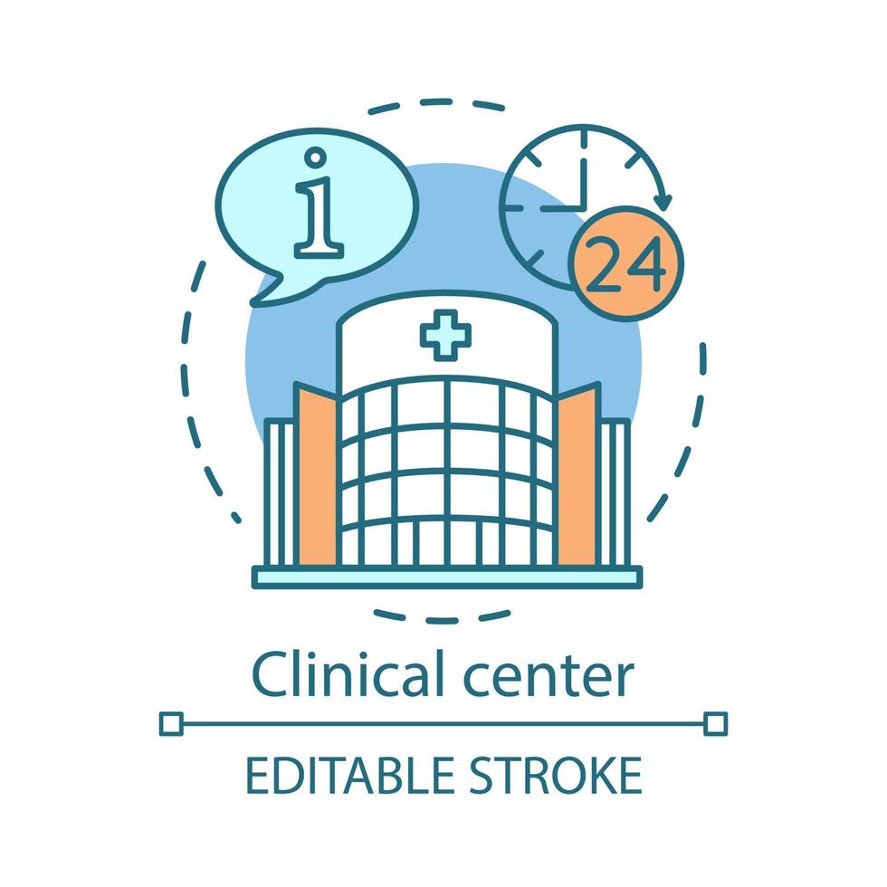 Clinical center concept icon. Medicine and healthcare idea thin line illustration. Hospital information system. Patient care and aid. 24 hours working. Vector isolated outline drawing. Editable stroke