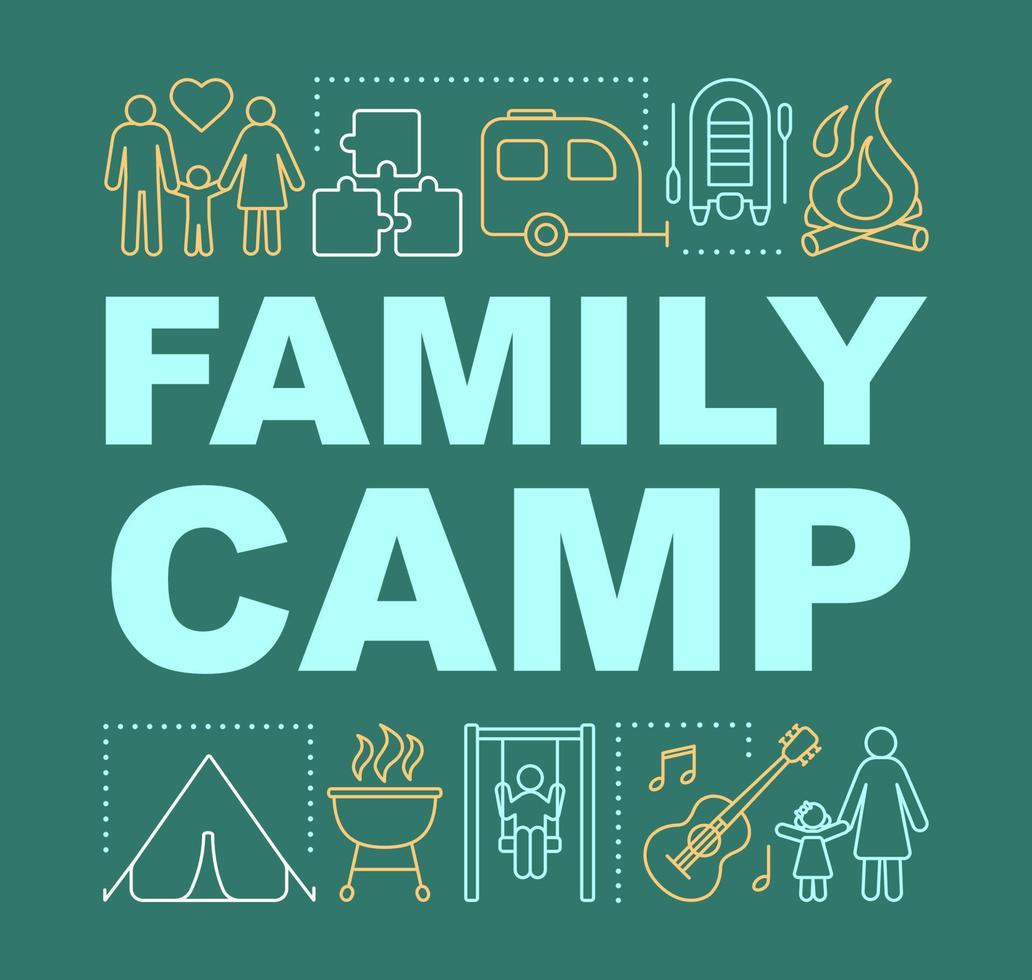 Parenthood country adventure camp word concepts banner. Family outdoor activities. Presentation, website. Isolated lettering typography idea with linear icons. Vector outline illustration