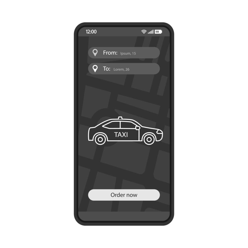 Taxi route information interface vector template. Mobile app interface black design layout. Smartphone cab ordering service. Pick up and drop off location. Flat UI. Phone display with taxi order menu