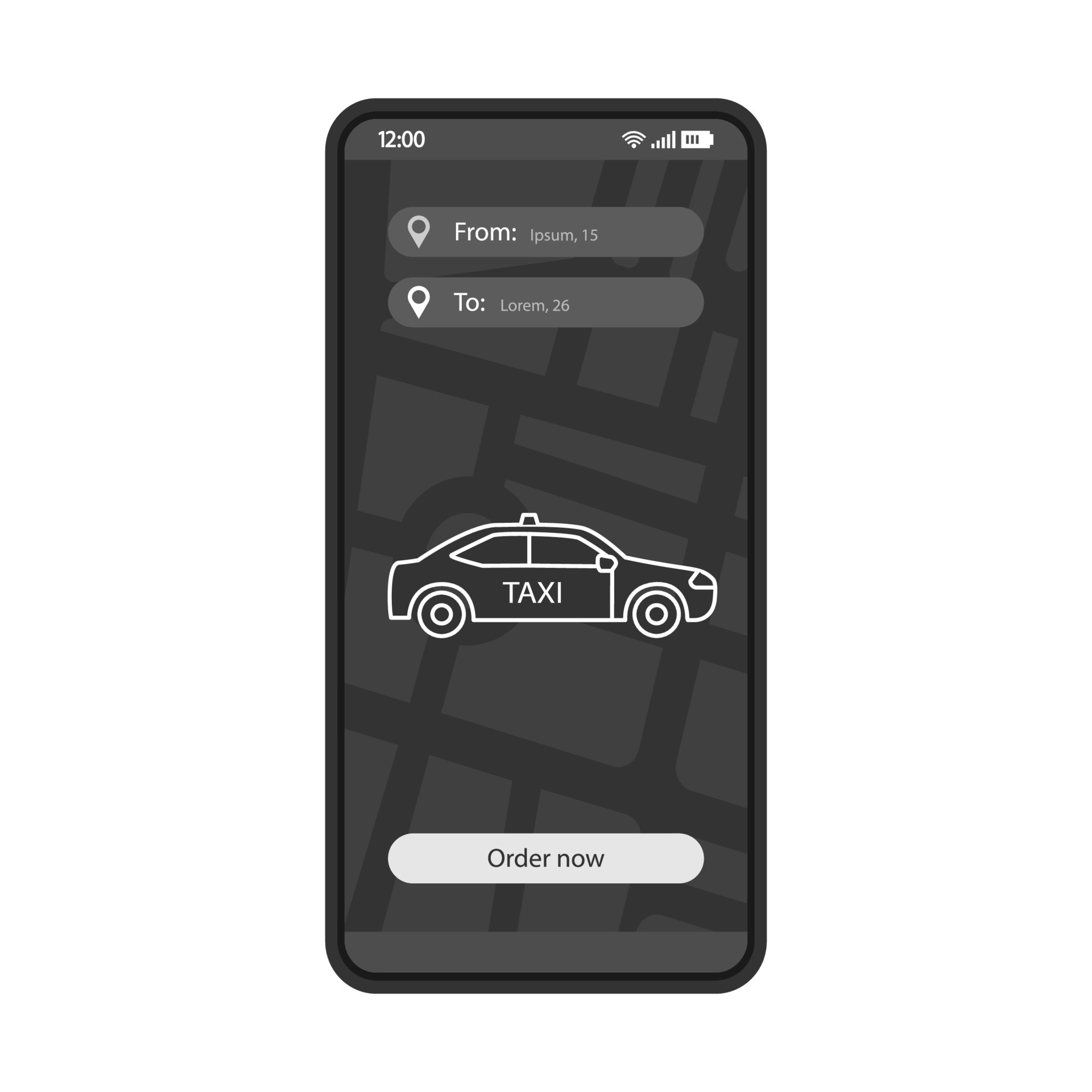 Taxi route information interface vector template. Mobile app interface