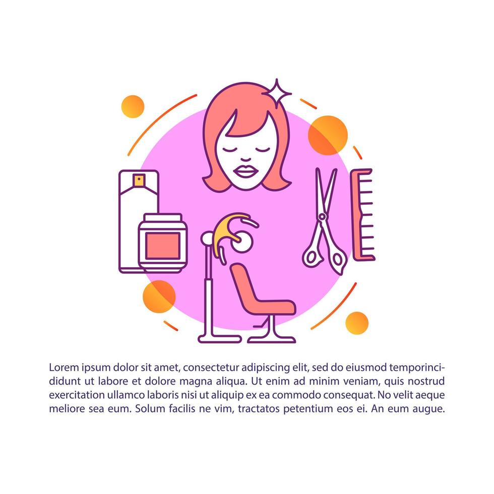 Hairdresser services article page vector template. Haircut, hairdo. Brochure, magazine, booklet design element with linear icons and text boxes. Print design. Concept illustrations with text space