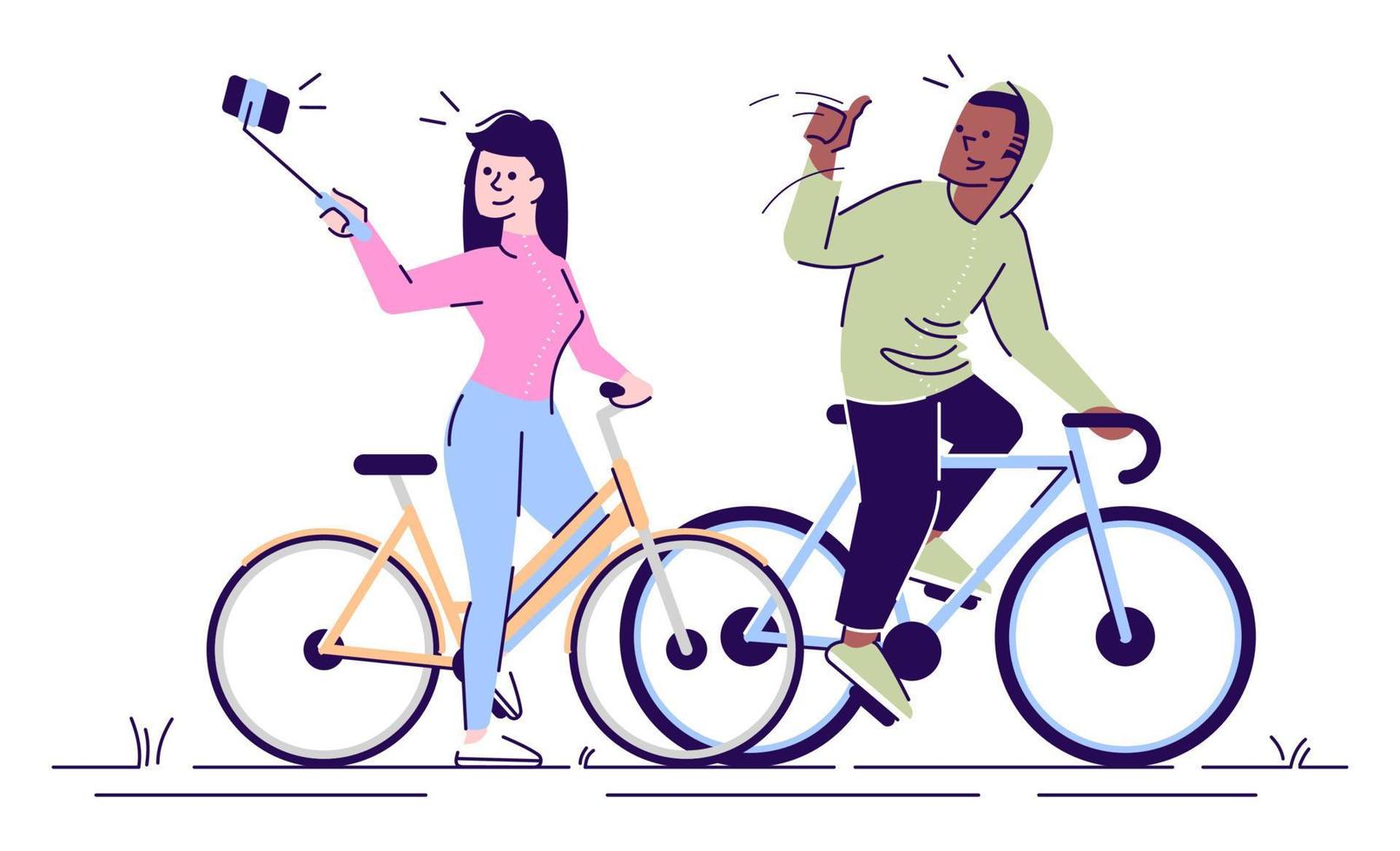 Ilustración de vector plano selfie. hombre y mujer en bicicleta tomando selfie stick foto juntos. Pareja haciendo autorretrato en entrenamiento deportivo personaje de dibujos animados aislado sobre fondo blanco.