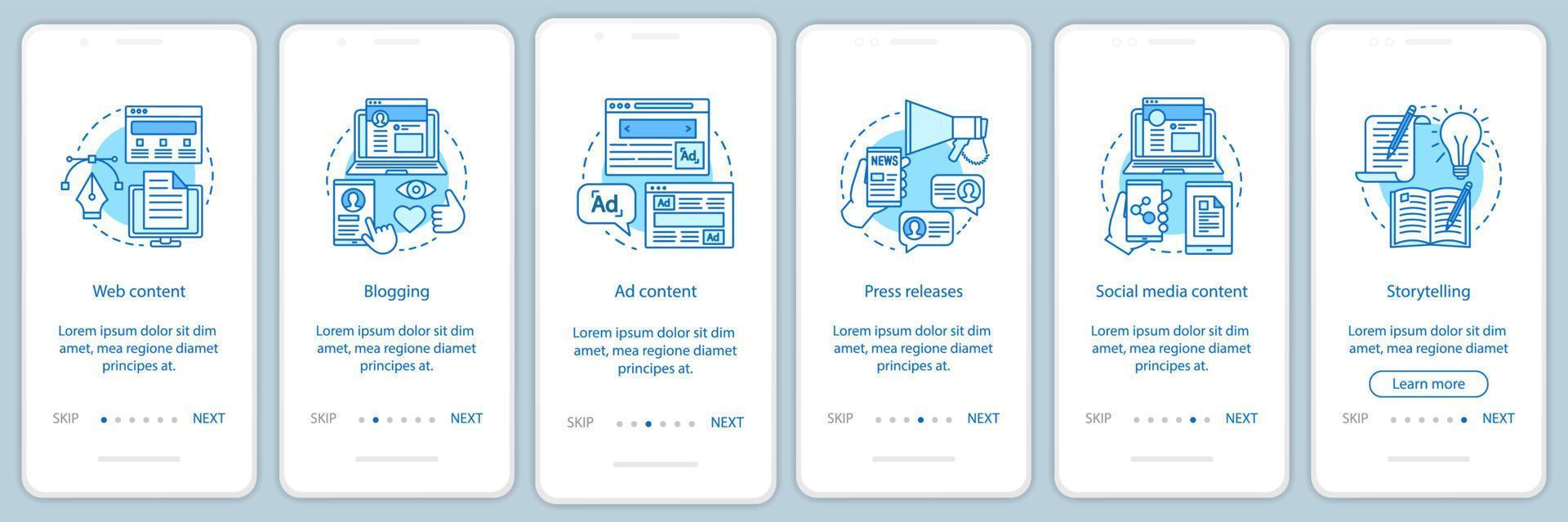 Blogging business onboarding mobile app page screen vector template. SMM courses. Walkthrough website steps. Promotion strategy. Social media content plan. UX, UI, GUI smartphone interface concept