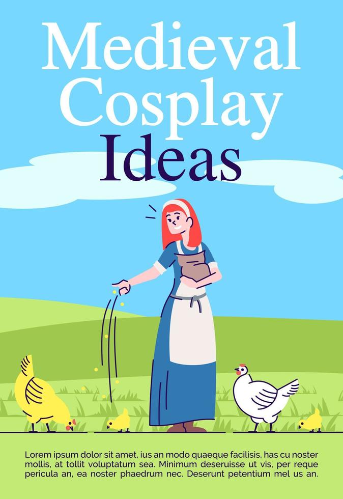 Plantilla de folleto de ideas de cosplay medieval. folleto de mascarada, folleto, concepto de folleto con ilustraciones planas. diseño de página para revista. Invitación publicitaria de fiesta de disfraces con espacio de texto. vector