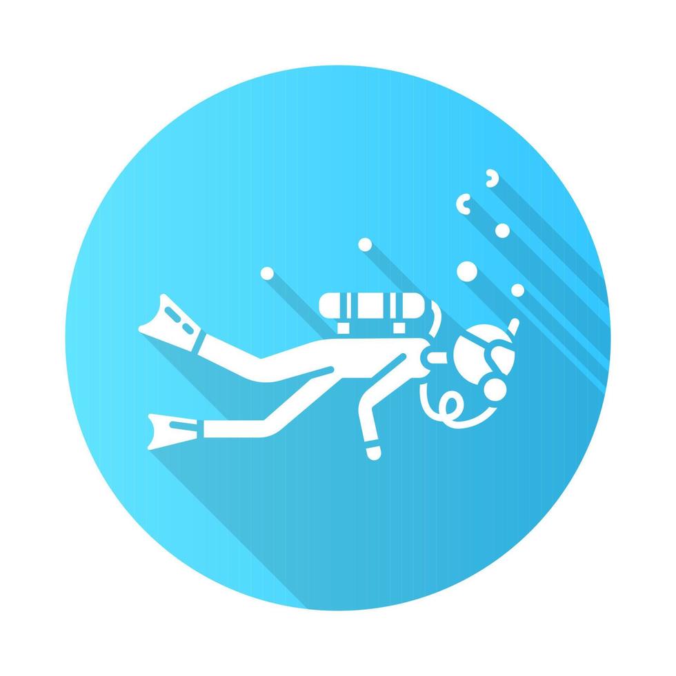 Scuba diving blue flat design long shadow glyph icon. Watersport, extreme underwater kind of sport. Recreational outdoor activity and hobby. Snorkeling. Vector silhouette illustration