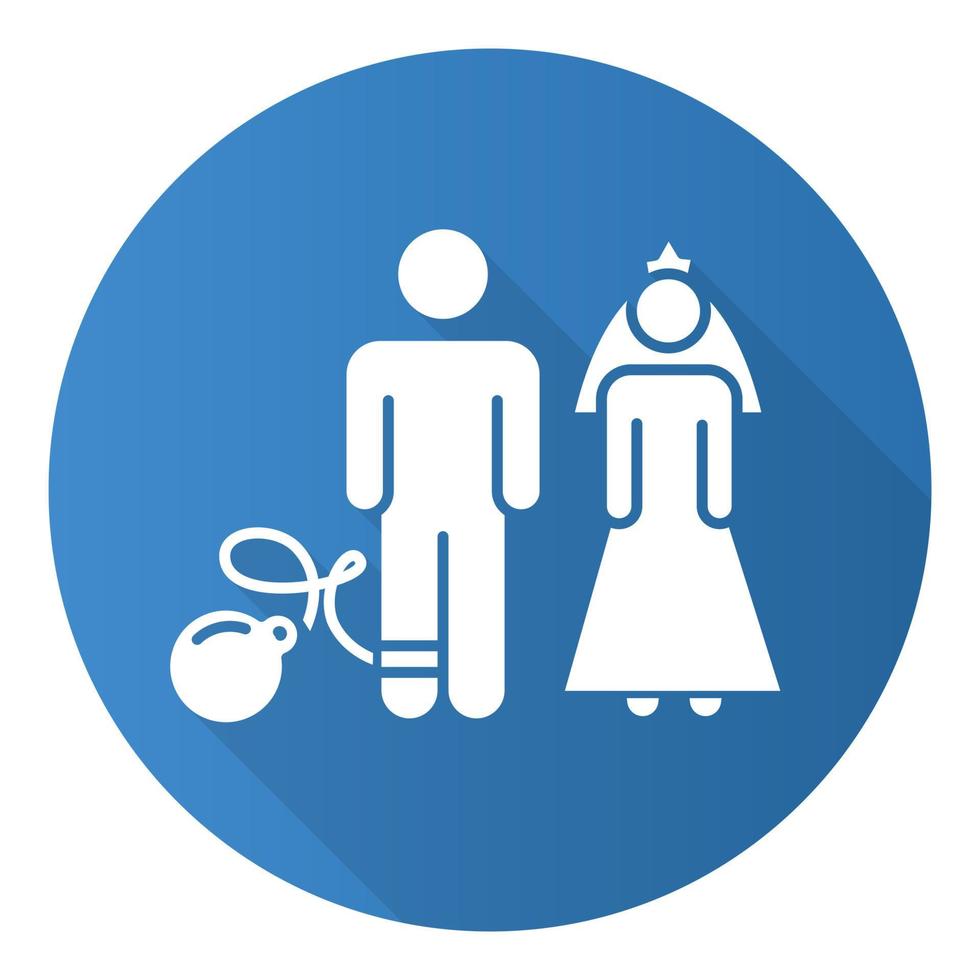 Forced marriage blue flat design long shadow glyph icon. Woman and man, groom and bride. Family burden. Forcible wedlock. Compulsory marriage. Female, male rights. Vector silhouette illustration