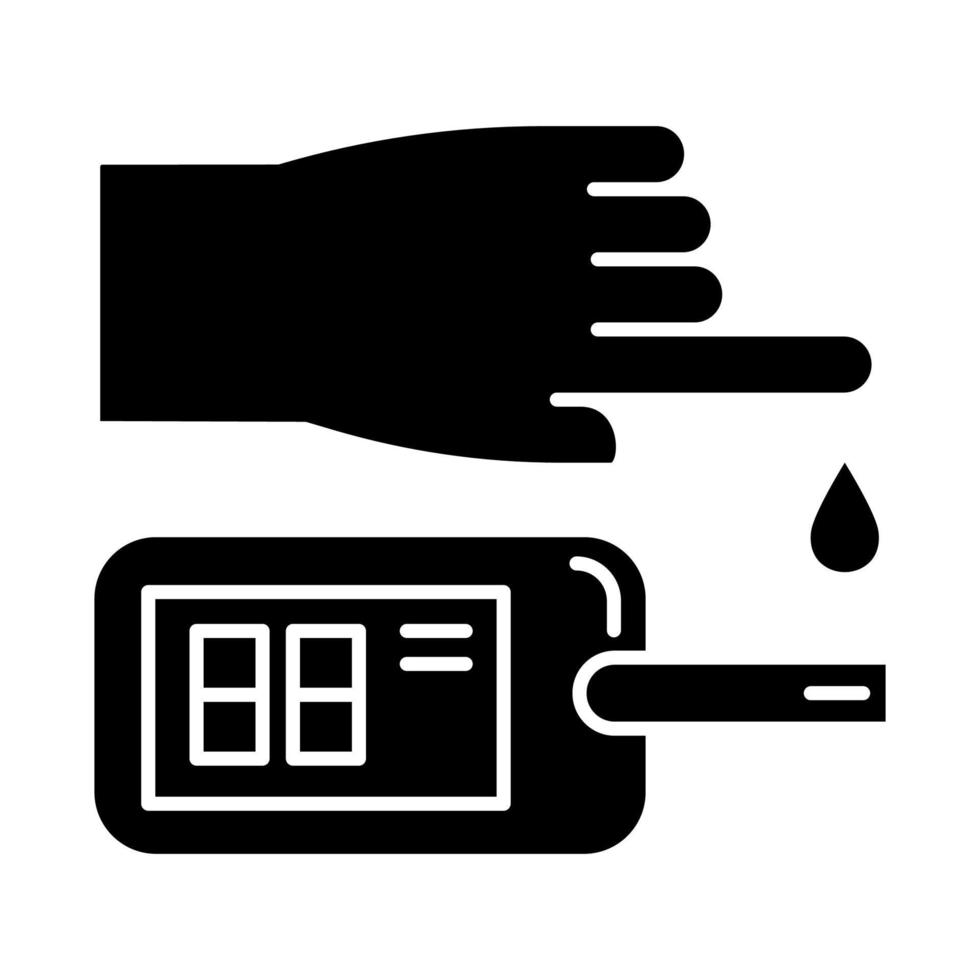 Blood test glyph icon. Disease analysis. Infection examination. Medical procedure. Glucometer. Glucose test. Hospital laboratory. Silhouette symbol. Negative space. Vector isolated illustration