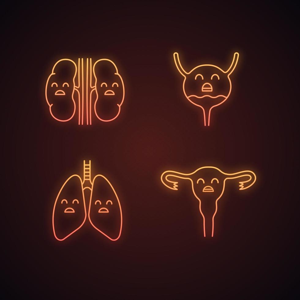 Sad human internal organs neon light icons set. Unhappy kidneys, urinary bladder, lungs, uterus. Unhealthy pulmonary, urinary, reproductive systems. Glowing signs. Vector isolated illustrations