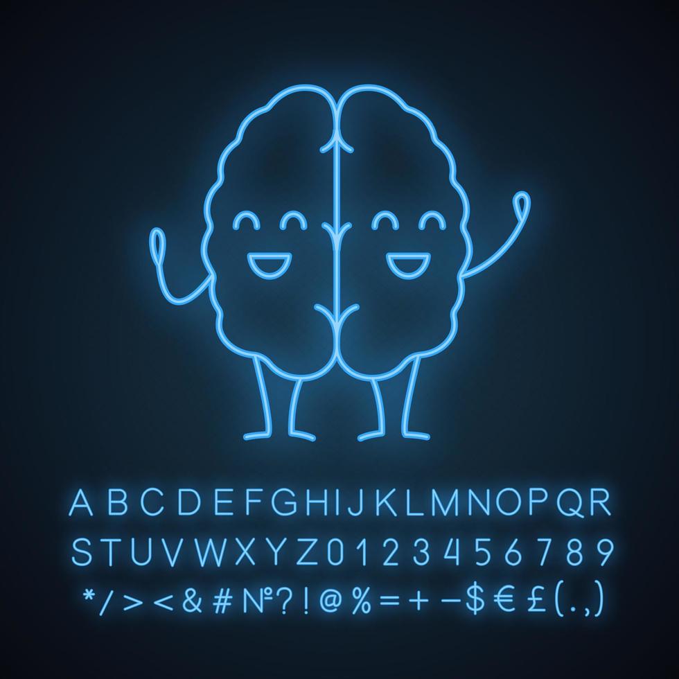 Happy human brain character neon light icon. Healthy nervous system. Glowing sign with alphabet, numbers and symbols. Vector isolated illustration