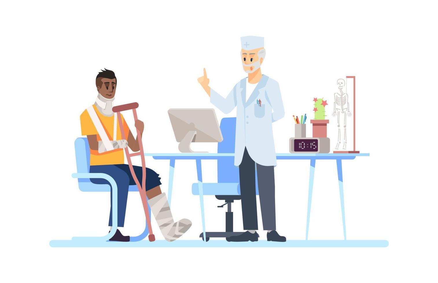 Visiting orthopedist doctor flat vector illustration. Surgeon, patient isolated cartoon characters on white background. Broken leg, arm, fracture. Crutch, plaster, bandage. Recovering after accident