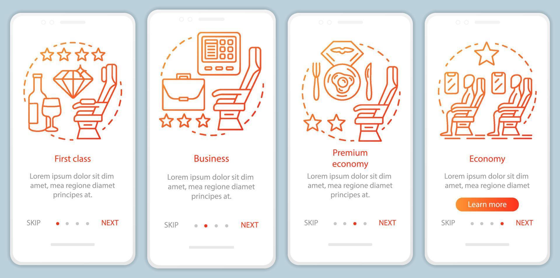 Aircraft travel class seating orange onboarding mobile app page screen vector template. Business class. Walkthrough website steps with linear illustrations. UX, UI, GUI smartphone interface concept