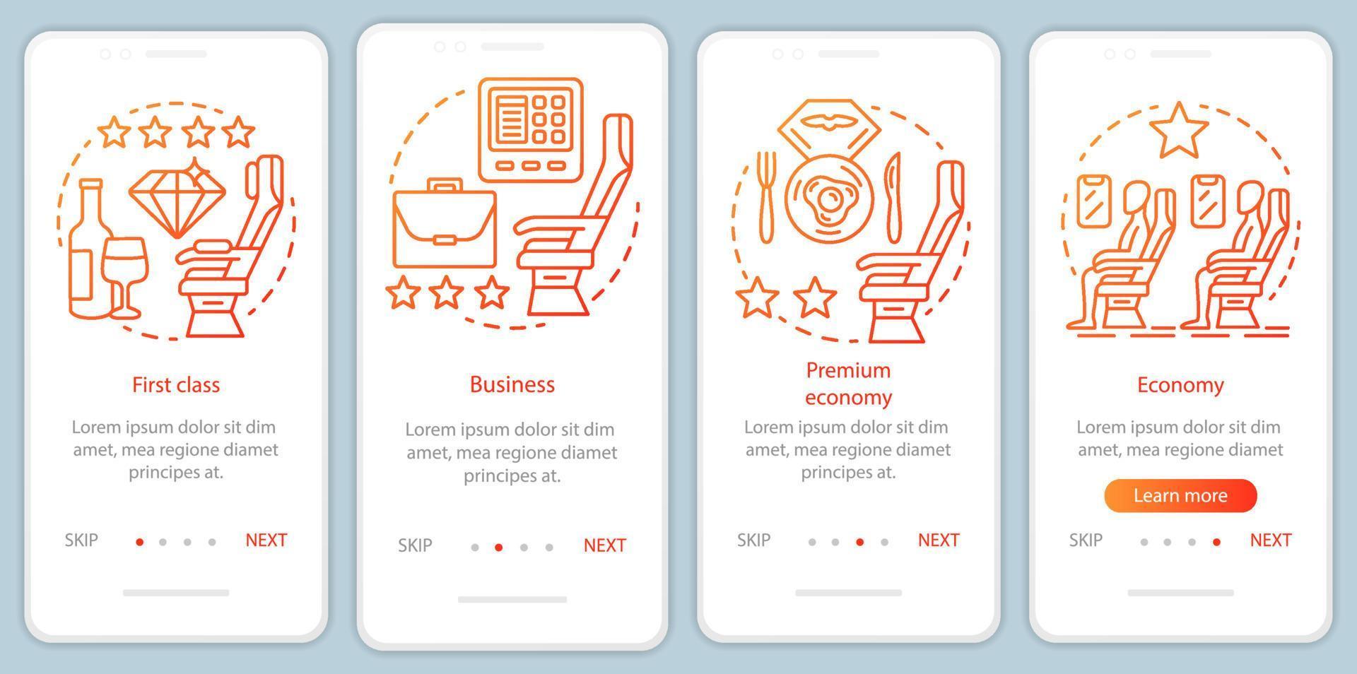 clase de viaje de avión asientos naranja incorporación plantilla de vector de pantalla de página de aplicación móvil. clase de negocios. paso a paso del sitio web con ilustraciones lineales. concepto de interfaz de teléfono inteligente ux, ui, gui