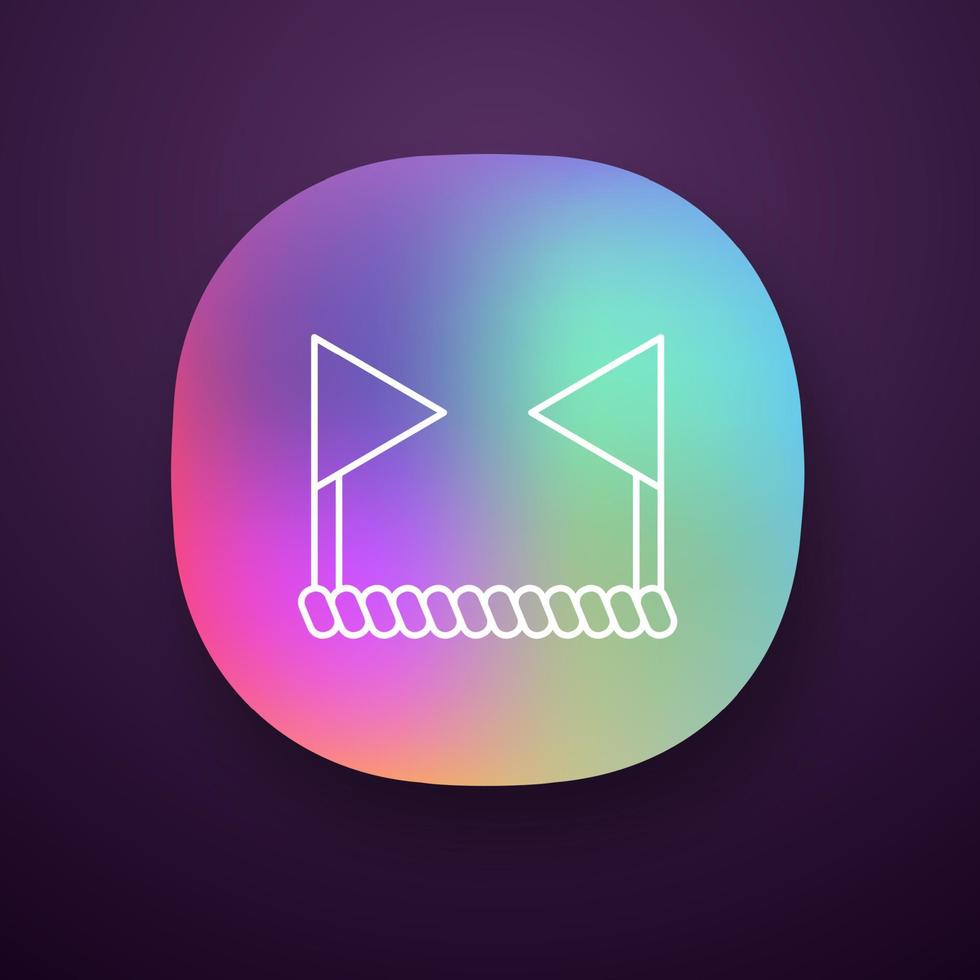 Cricket boundary app icon. Two flags connected by rope. Border of playing field. Bat and ball team game. Sports activity. Web or mobile application. Vector isolated illustration