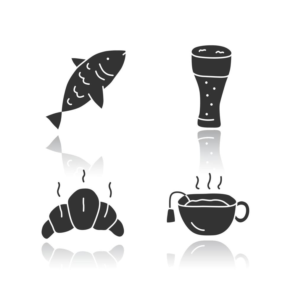 Drinks with snacks glossy icons set. Harmful and healthy beverages with appetizers silhouette symbols. Fish, beer glass, croissant and hot tea vector isolated illustration. Delicious food