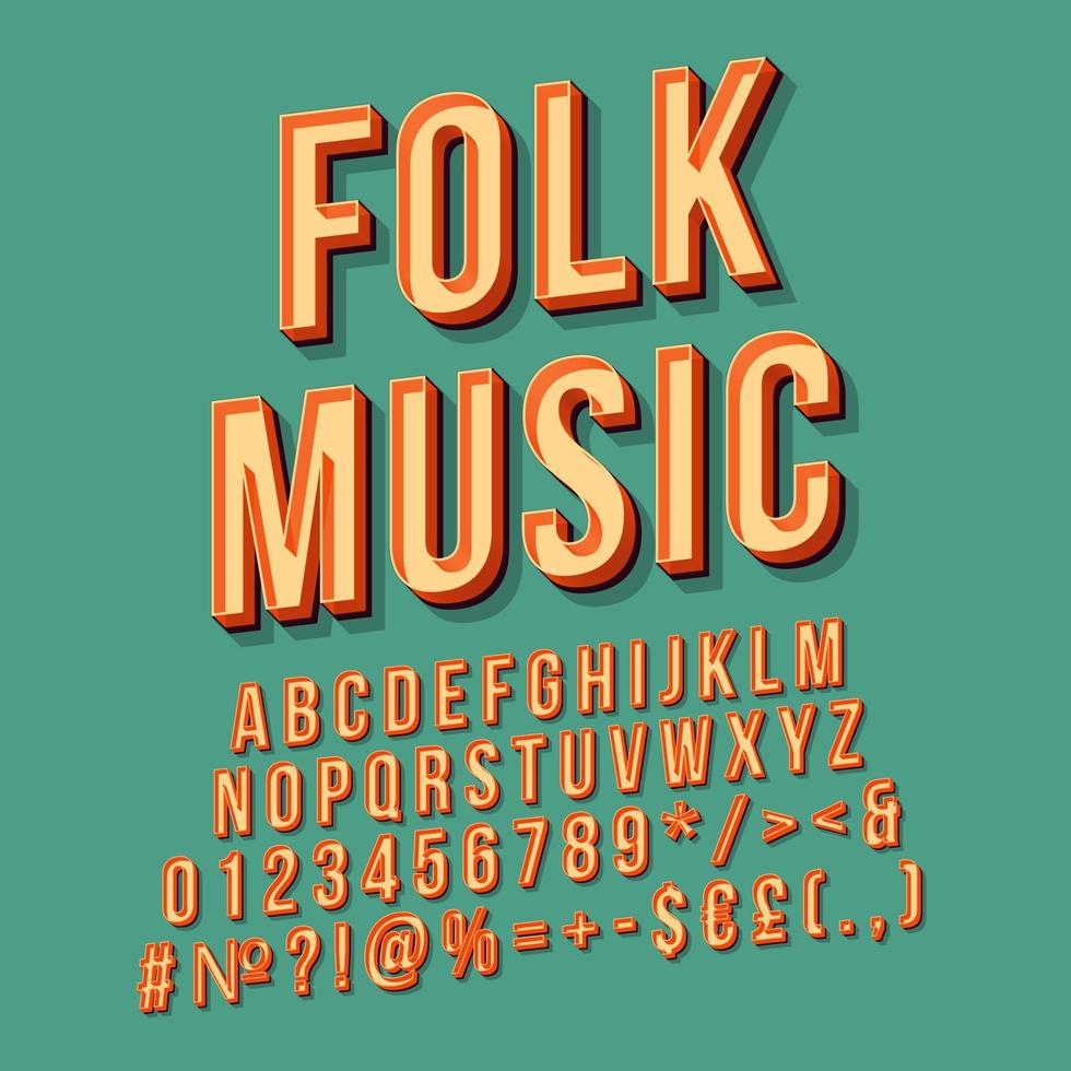 Folk music vintage 3d vector lettering. Retro bold font, typeface. Pop art stylized text. Old school style letters numbers, symbols, elements pack. 90s, 80s poster, banner. Jungle color background