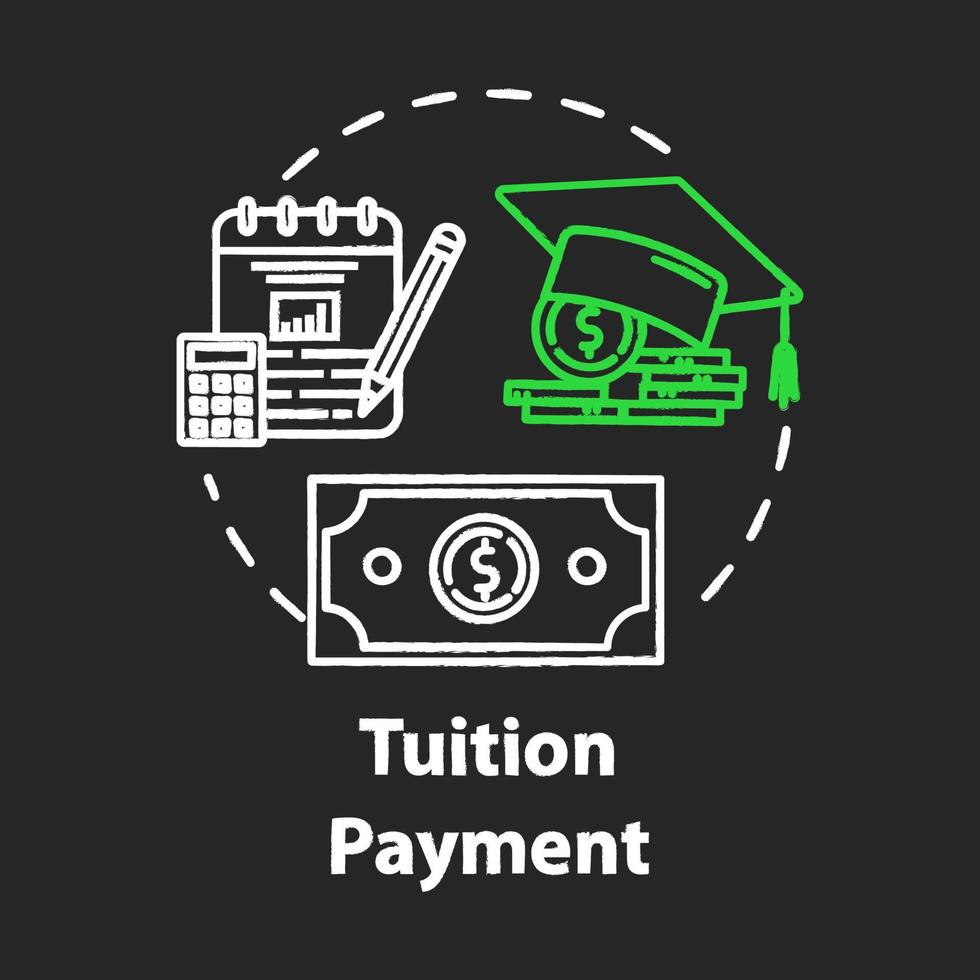 icono de concepto de tiza de pago de matrícula. costo de la educación. subvención económica. inversión en conocimiento. contando la idea del fondo de ahorro para la universidad. vector ilustración de pizarra aislada