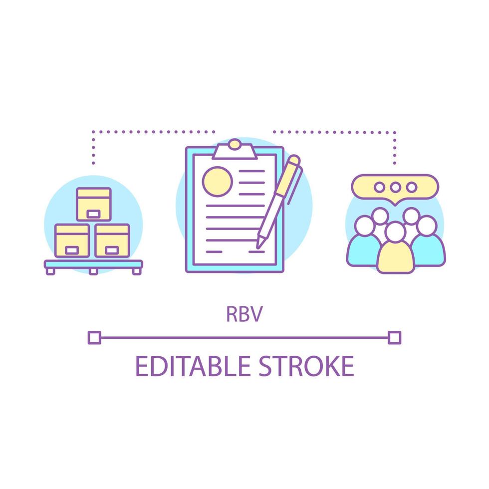 RBV concept icon. Resource-based view idea thin line illustration. Distribution, delivery, supply. Corporate citizenship. Team, HR management. Vector isolated outline drawing. Editable stroke