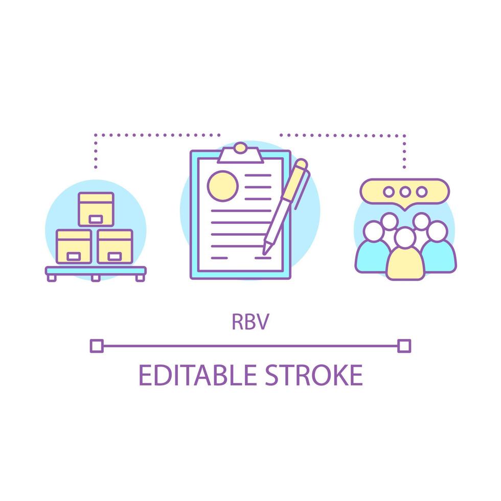 icono del concepto de rbv. Ilustración de línea fina de idea de vista basada en recursos. distribución, entrega, suministro. ciudadanía corporativa. equipo, gestión de recursos humanos. dibujo de contorno aislado vectorial. trazo editable vector