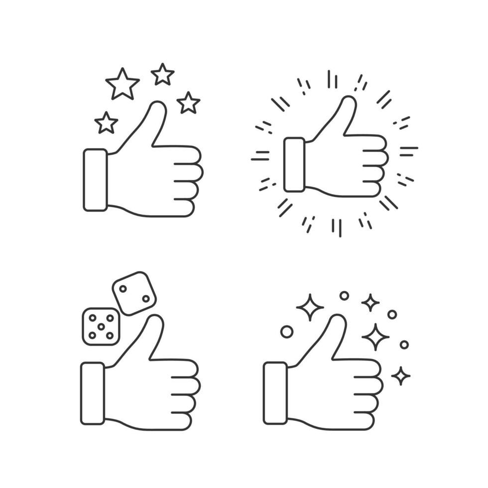 Like linear icons set. Thin line contour symbols. Gambling games, thumbs up, success. Social media likes. Good, cool, ok hand gestures. Rating. Isolated vector outline illustrations. Editable stroke