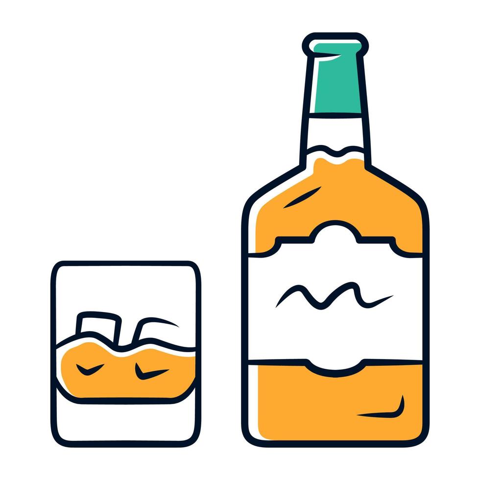 Whiskey orange color icon. Bottle and old fashioned glass with drink and ice. Scotch, rum shot. Distilled alcoholic beverage consumed for cocktails. Brandy, bourbon. Isolated vector illustration