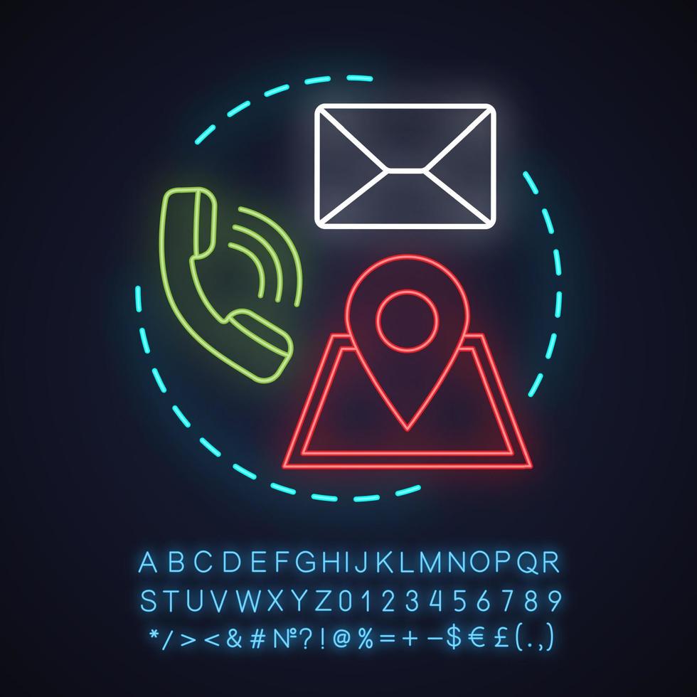 Contact us neon light concept icon. Information center idea. Helpdesk. Support service, contact, email, location. Glowing sign with alphabet, numbers and symbols. Vector isolated illustration