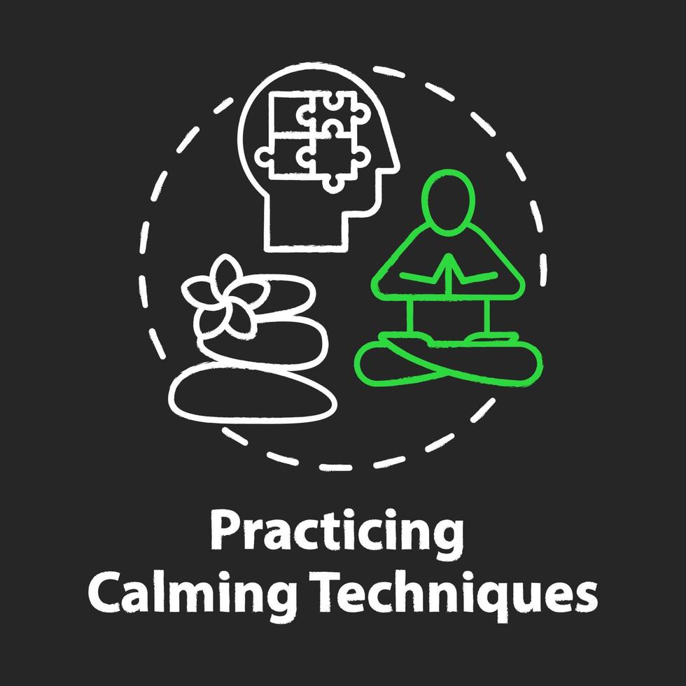 Practicing calming techniques chalk concept icon. Relaxation and mental exercises. Meditation and yoga for reducing stress idea. Vector isolated chalkboard illustration