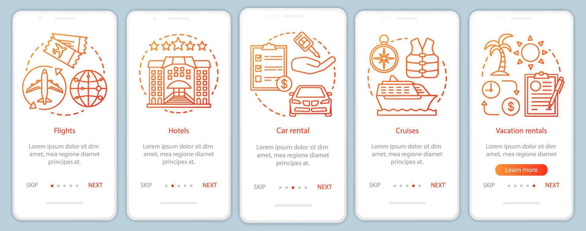 planificador de viajes naranja incorporación de plantilla de vector de pantalla de página de aplicación móvil. vacaciones, viaje. crucero, hotel. paso a paso del sitio web con ilustraciones lineales. concepto de interfaz de teléfono inteligente ux, ui, gui