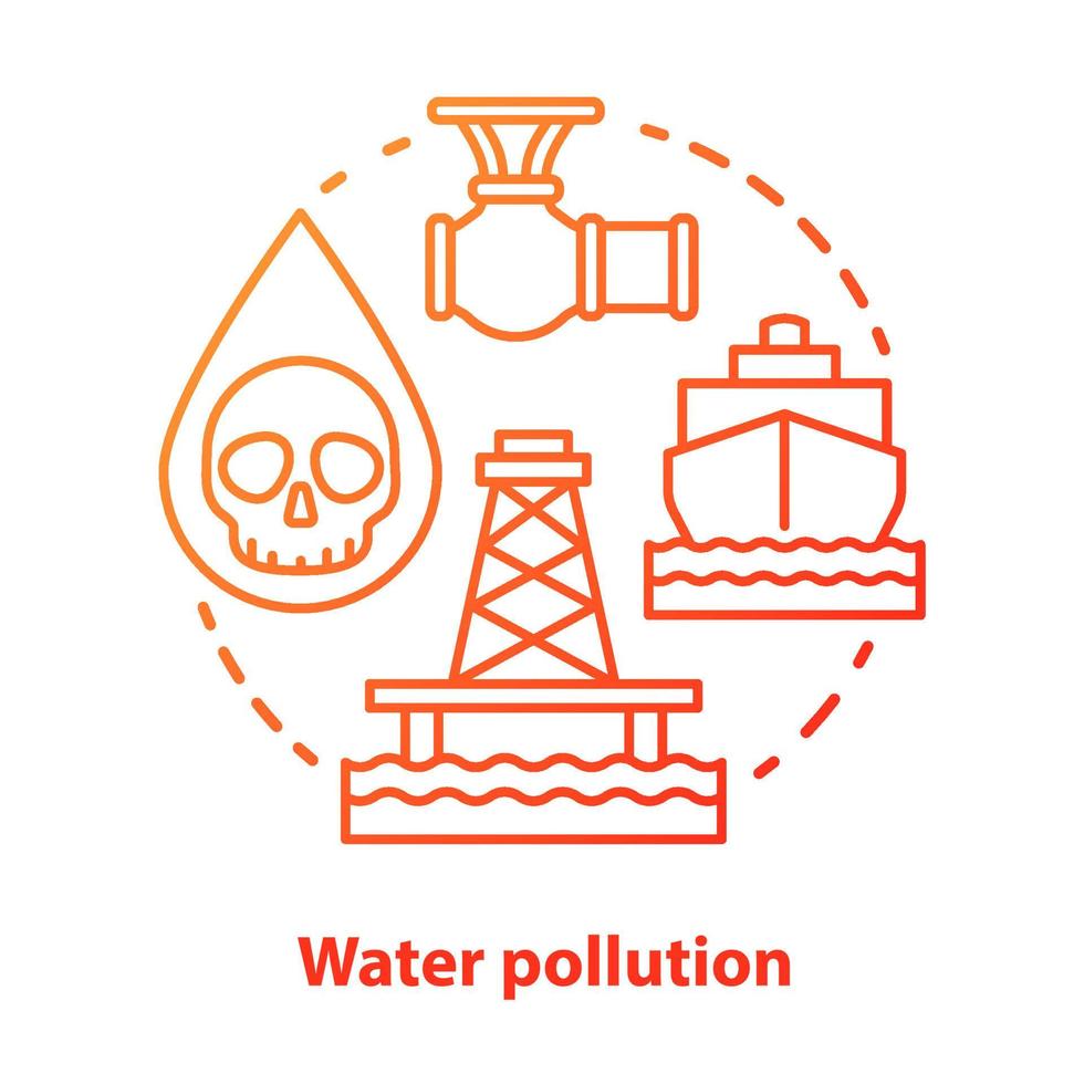 Water pollution concept icon. High seas waste contamination idea thin line illustration in red. Ecological water problems and disaster prevention. Industrial hazard. Vector isolated outline drawing