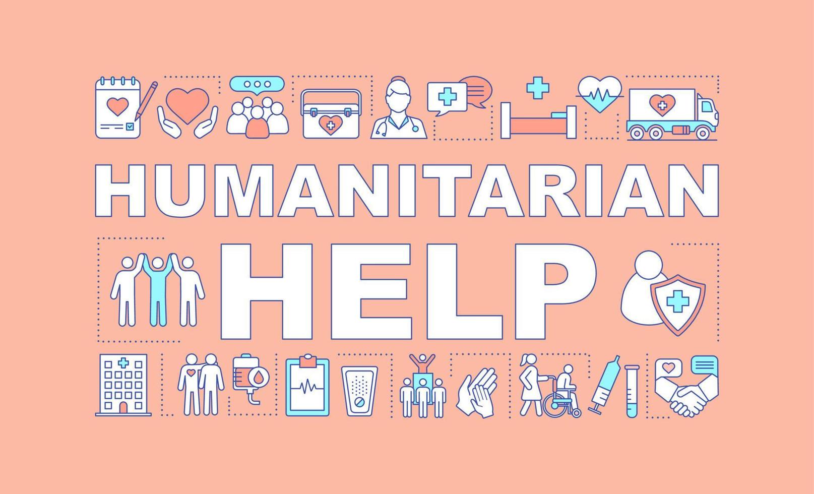 Humanitarian help word concepts banner. Volunteering. Presentation, website. Charitable foundation. Isolated lettering typography idea with linear icons. Vector outline illustration