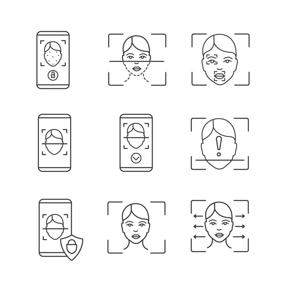 Facial recognition linear icons set. Thin line contour symbols. Face lock, banking, approved, smartphone apps, scanning process, reader, markers. Isolated vector outline illustrations. Editable stroke