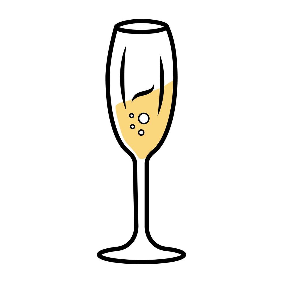 icono de color amarillo vino espumoso. Copa de tulipán. champán. bebida alcohólica. cóctel de fiesta. bebida dulce de aperitivo. vajillas, cristalería para bar, restaurante. ilustración vectorial aislada vector