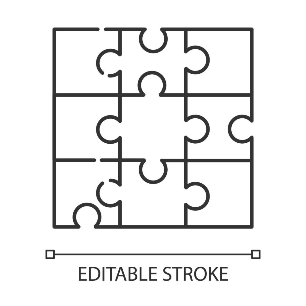 Jigsaw puzzle linear icon. Tiling, assembly game. Interlocking pieces