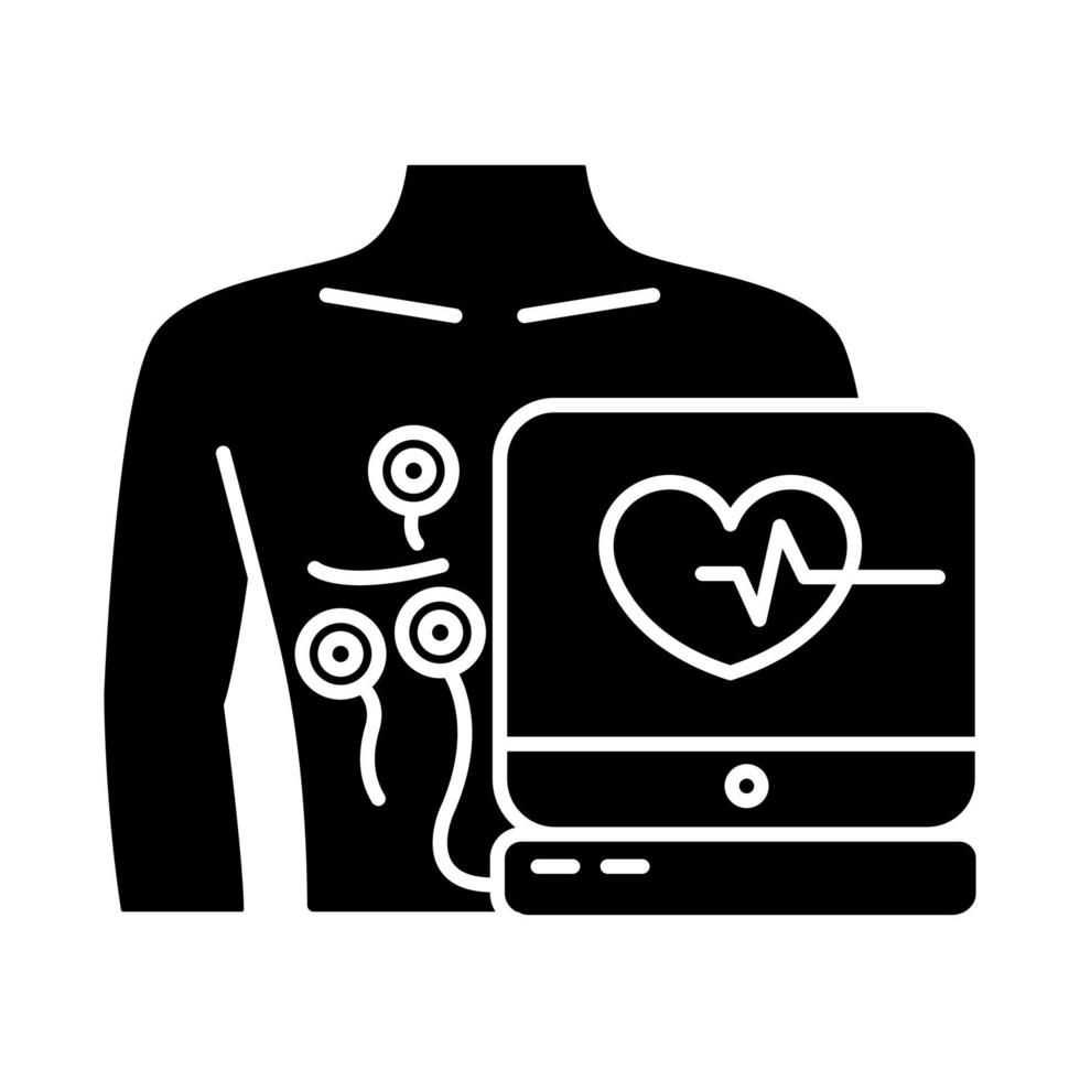 Electrocardiogram glyph icon. Heart disease examination. Pulse rate on screen. Cardiology, cardiograph. Medical nonsurgical procedure. Silhouette symbol. Negative space. Vector isolated illustration