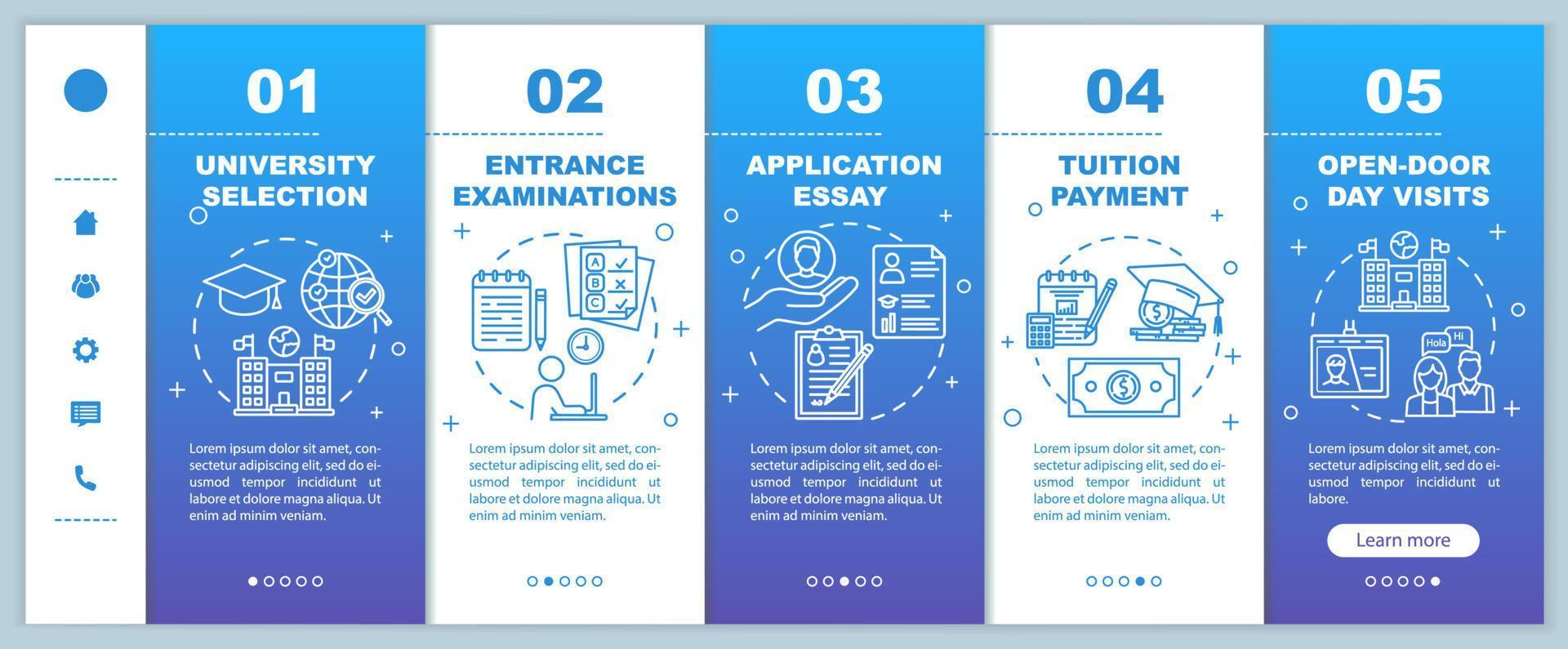 Plantilla de vector de páginas web móviles de incorporación de entrada a la universidad. ensayo, examen. Idea de interfaz de sitio web de teléfono inteligente sensible con ilustraciones lineales. pantallas de pasos del tutorial de la página web. concepto de color