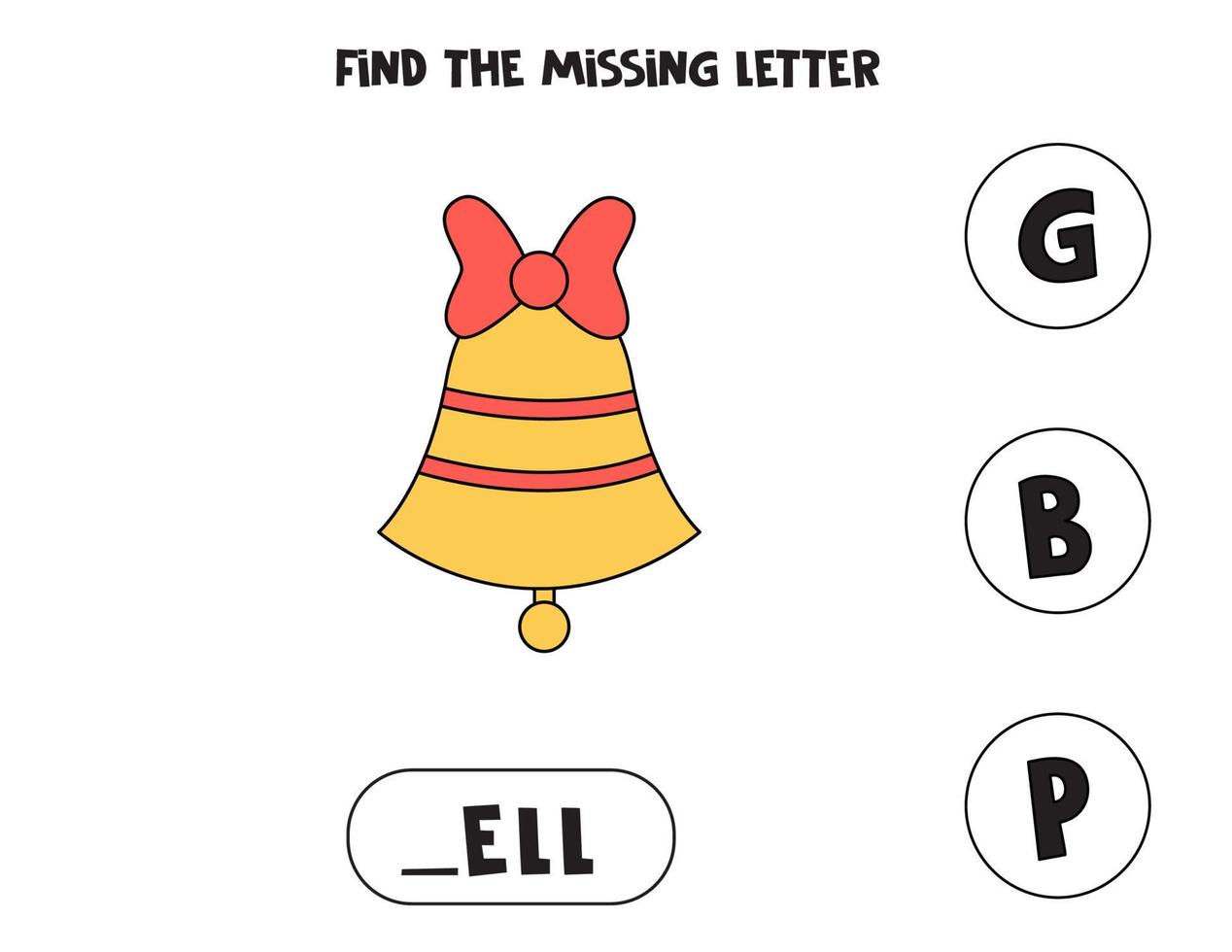 Find missing letter with cartoon bell. Spelling worksheet. vector