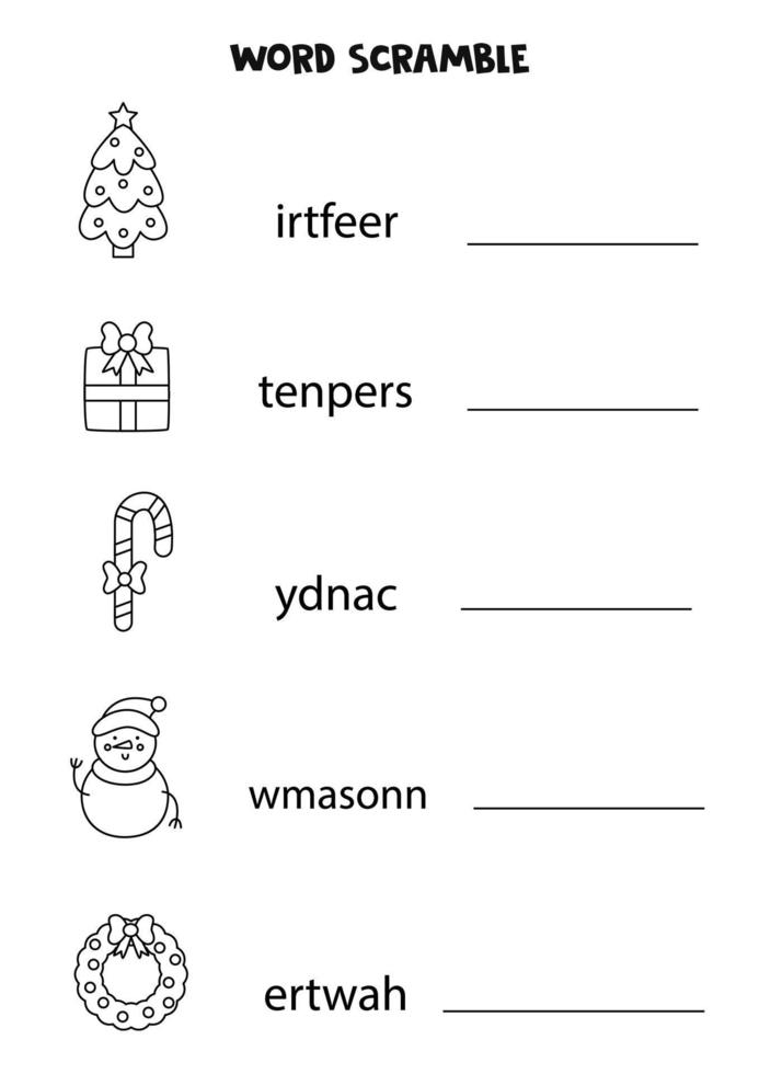 Puzzle for kids. Word scramble for children. Black and white Christmas pictures. vector