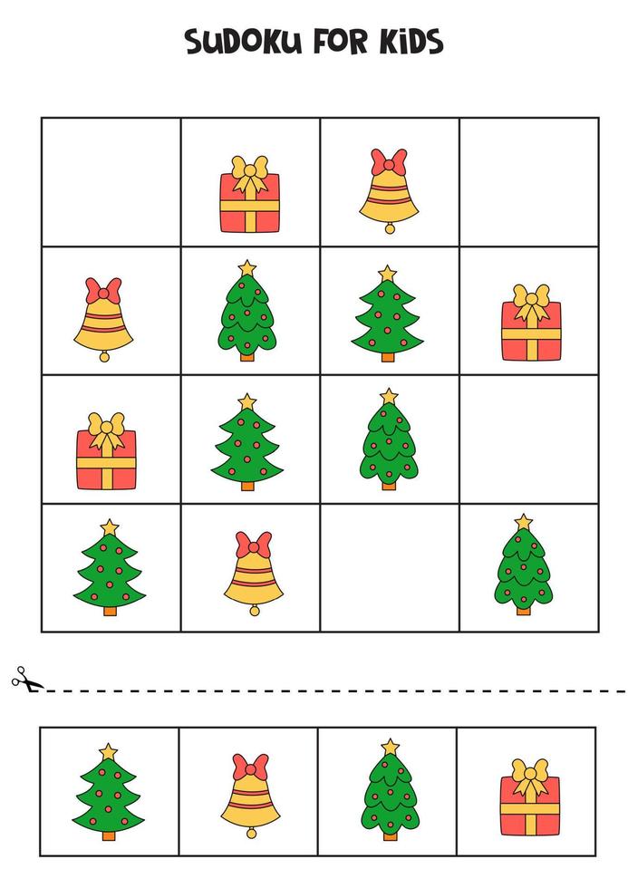 Sudoku game for kids with Christmas pictures. vector